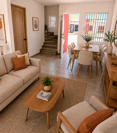 Sala y comedor de la casa Modelo Brie de 2 recámaras en San Miguel de Allende